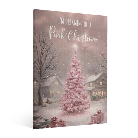 Vintage Pink Christmas Tree Wall Art Paint - Retro Xmas Festive Winter Holiday Christmas Wall Decor Canvas for Living Room Kitchen Bathroom Home Bedroom Decor Framed