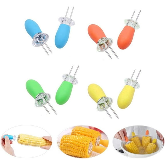 Corn Holders - 4 Pairs Corn on the Cob Skewers - Large Handle Pin Grips - Interlocking Design - Great for Home Cooking, BBQ, Picnics, Camping and Parties
