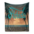 thumbnail image 1 of Florida Soft Flannel Fleece Blanket, Hand Painting Style Grungy Sunset Scenery at Coastline with Palm Tree Silhouettes, Cozy Plush for Indoor and Outdoor Use, 70" x 90", Multicolor, by Ambesonne, 1 of 6