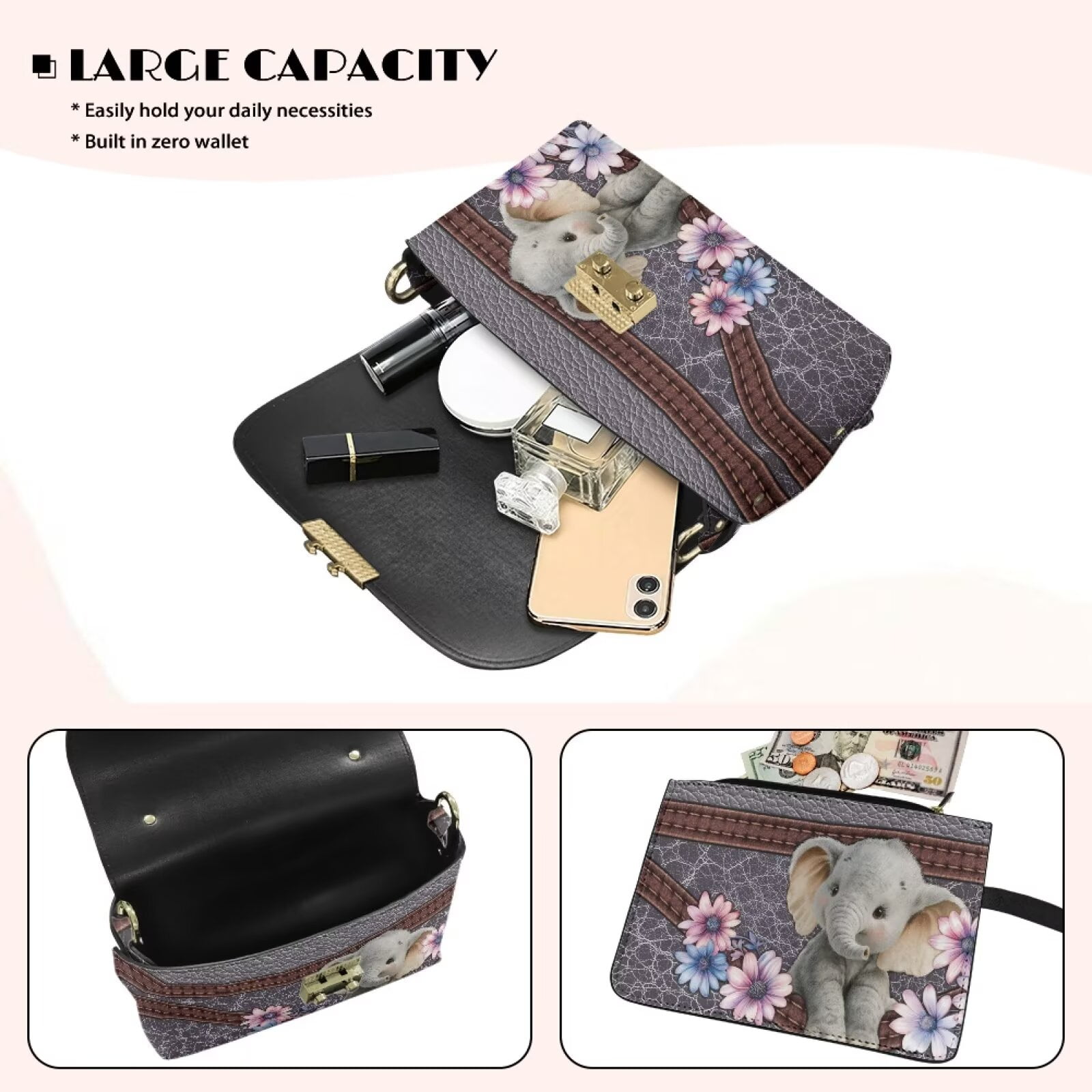 KUIFORTI Elephant Crossbody Leather Bag Women Functional Small Shoulder Bag Ladies Handbag Casual Portability Purse Shoulder Bags with Chain Strap for Day & Night