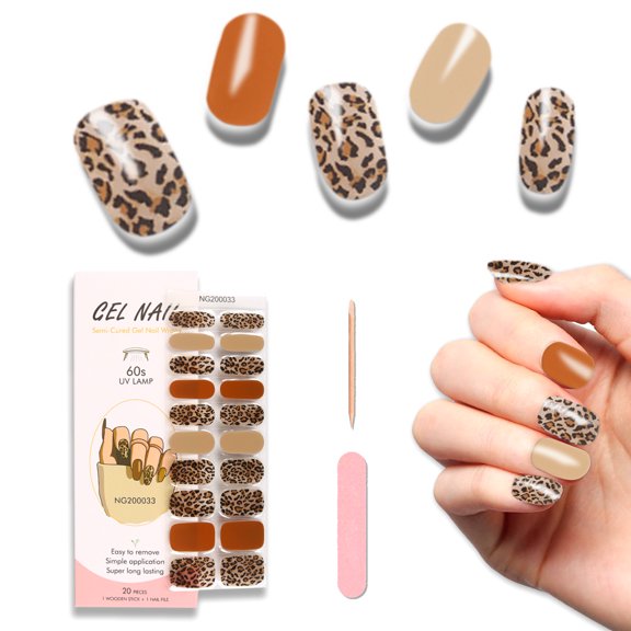 Semi Cured Gel Nail Wraps,20 Pcs Gel Nail Polish Strips for Salon-Quality Manicure Set,Long Lasting,Easy to Apply & Remove with Nail File & Wooden Cuticle Stick(Brown Leopard)