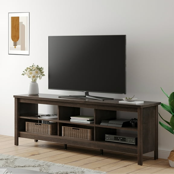 Farmhouse TV Stands for 75 inches Flat Screen Wood Media Console Storage Cabinet Entertainment Center, 70 inches, Black