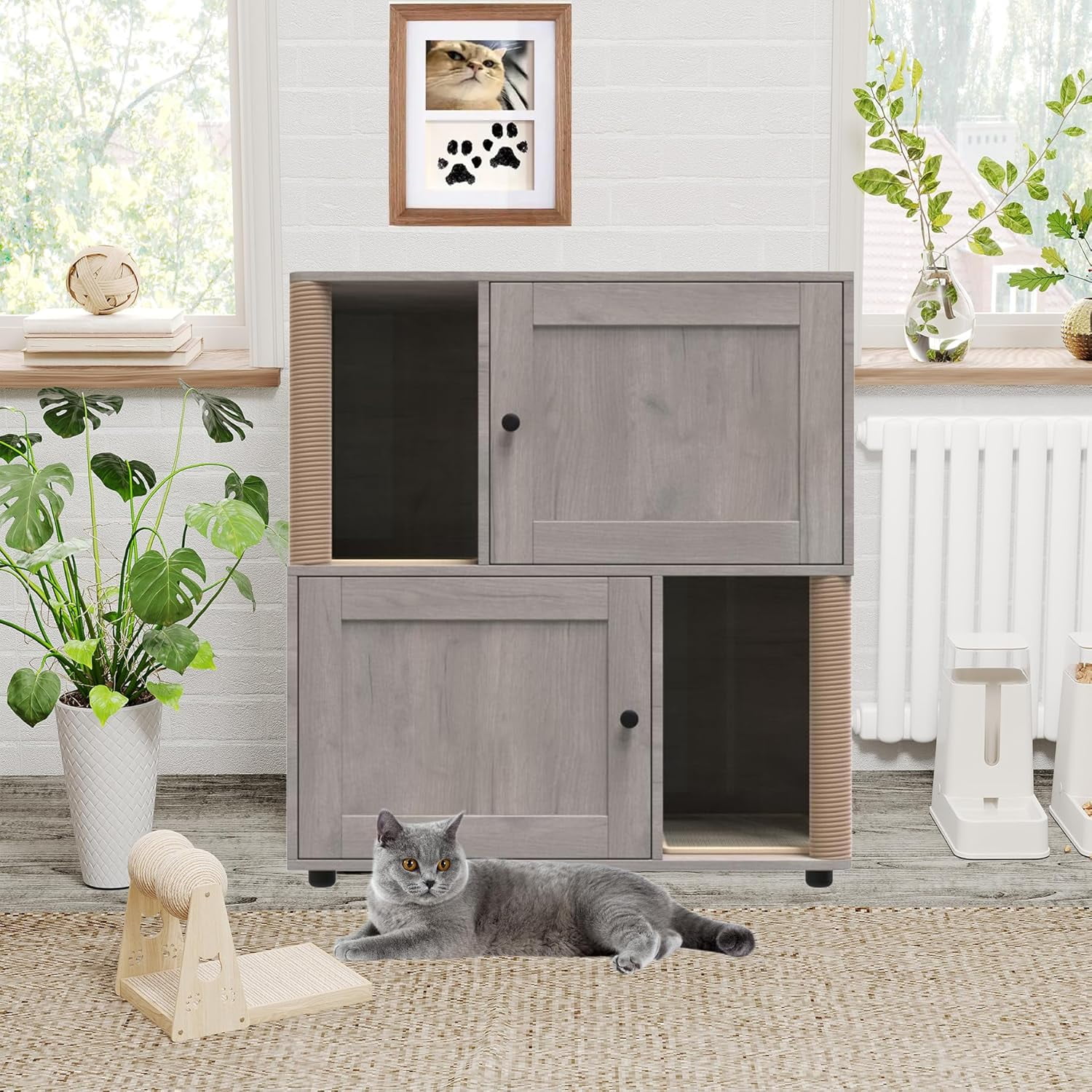 Shininglove Double Cat Litter Box Enclosure Furniture - Hidden 2-Litter Box Cabinet with Scratching Posts, Wooden End Table Design for Indoor Cats (Fits Most 22"x18" Boxes)