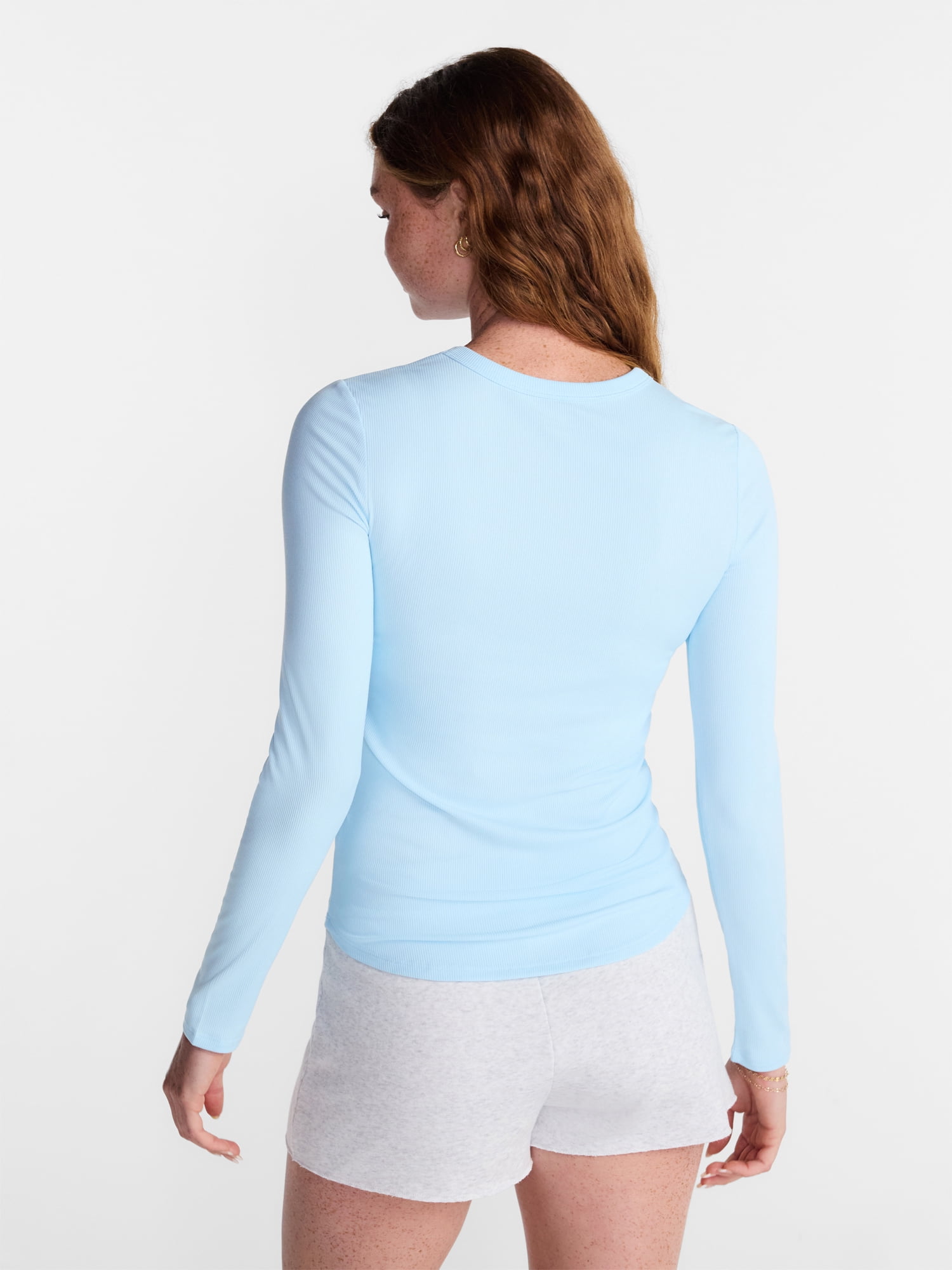 No Boundaries Ribbed Crewneck Tee with Long Sleeves, Women's and Women's Plus XXS-4X