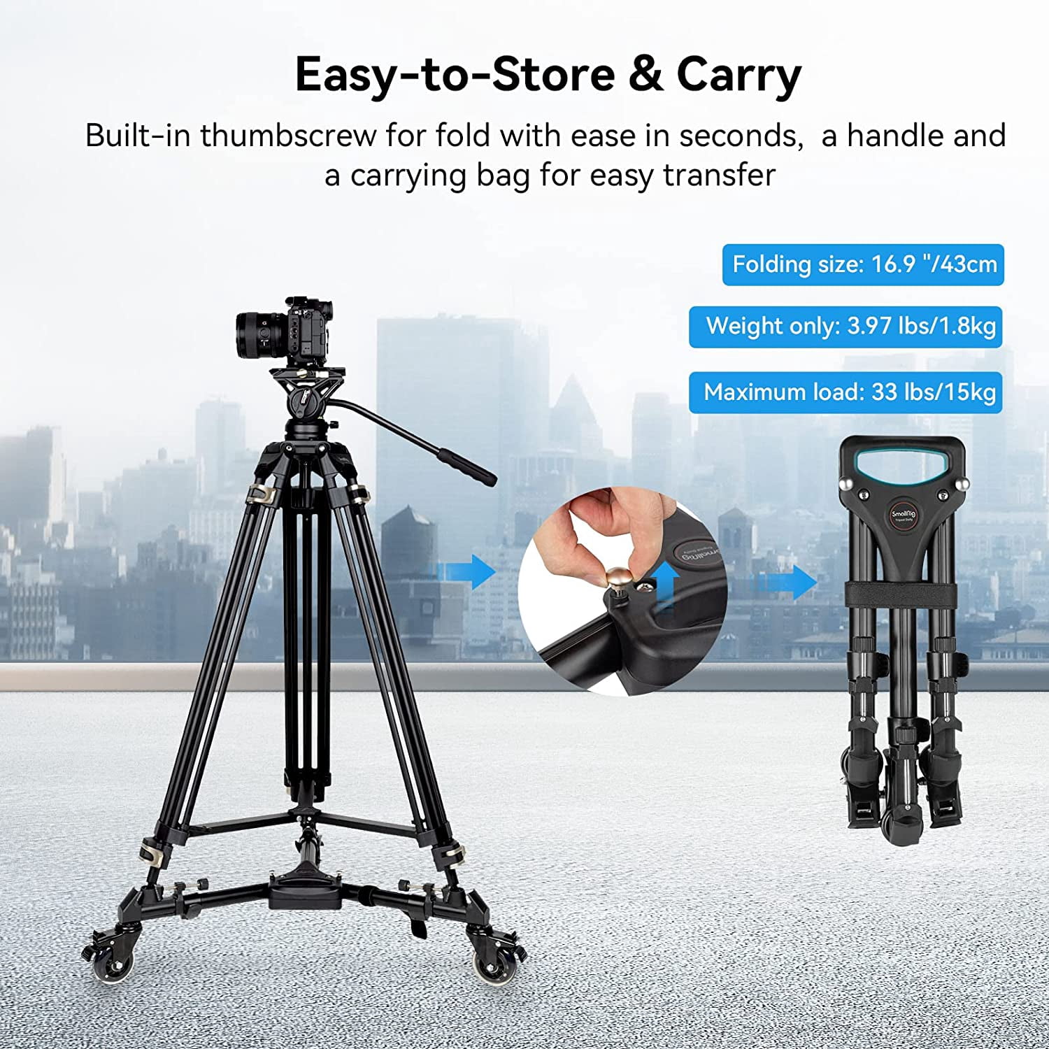 SmallRig Universal Photography Tripod Dolly, Heavy Duty with 3" Rubber Wheels, Adjustable Legs and Carry Bag, 33 lbs Capacity Tripod Wheels for Canon for Sony Cameras Camcorder Video Lighting- 3986