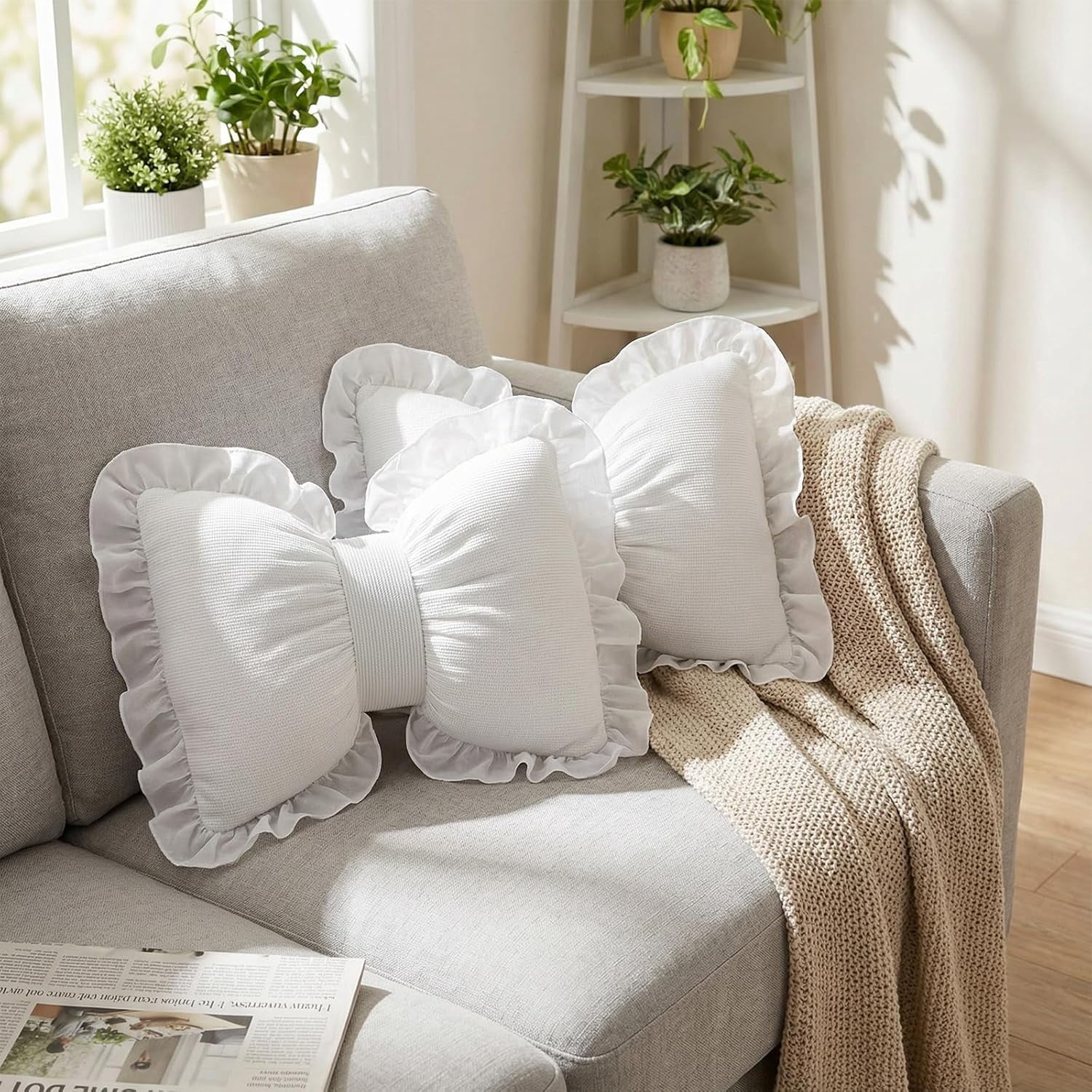 Bow Shaped Pillows, 2 Pcs Decorative Lace Bow Lumbar Pillow 16x13 Inches, Soft Car Backrest Cushion for Bed Sofa Couch Home Decor