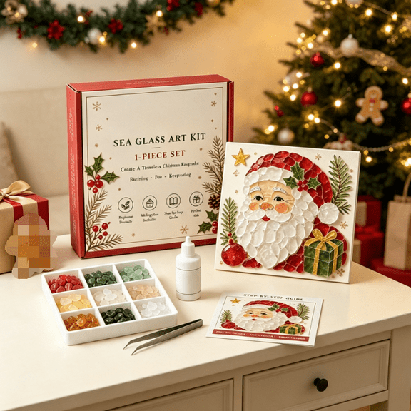 Christmas Sea Glass Art Kit, DIY Sea Glass Mosaic Art Kit for Beginner & Adults, Mosaic Craft Kit, Christmas Theme Artwork, DIY Home Decor, Craft Lovers Gift (Santa Claus)