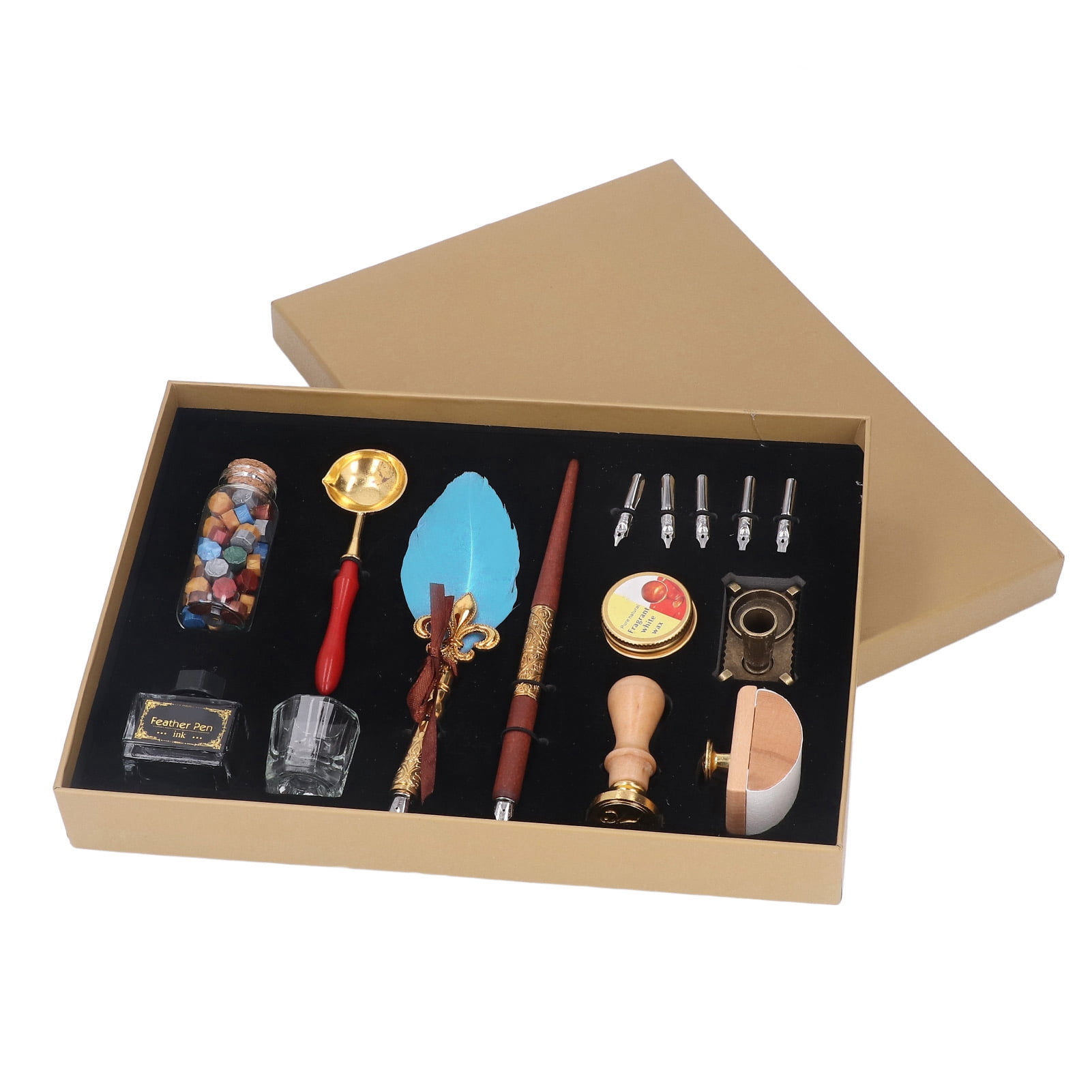 YAHHU European Style Feather Pen Set, Vintage Calligraphy Quill Pen Set with Blotter Stamp, Melting Wax Spoon, and 5 Replaceable Nibs for Art and Gifting (11.42 inches / 29.00 cm)