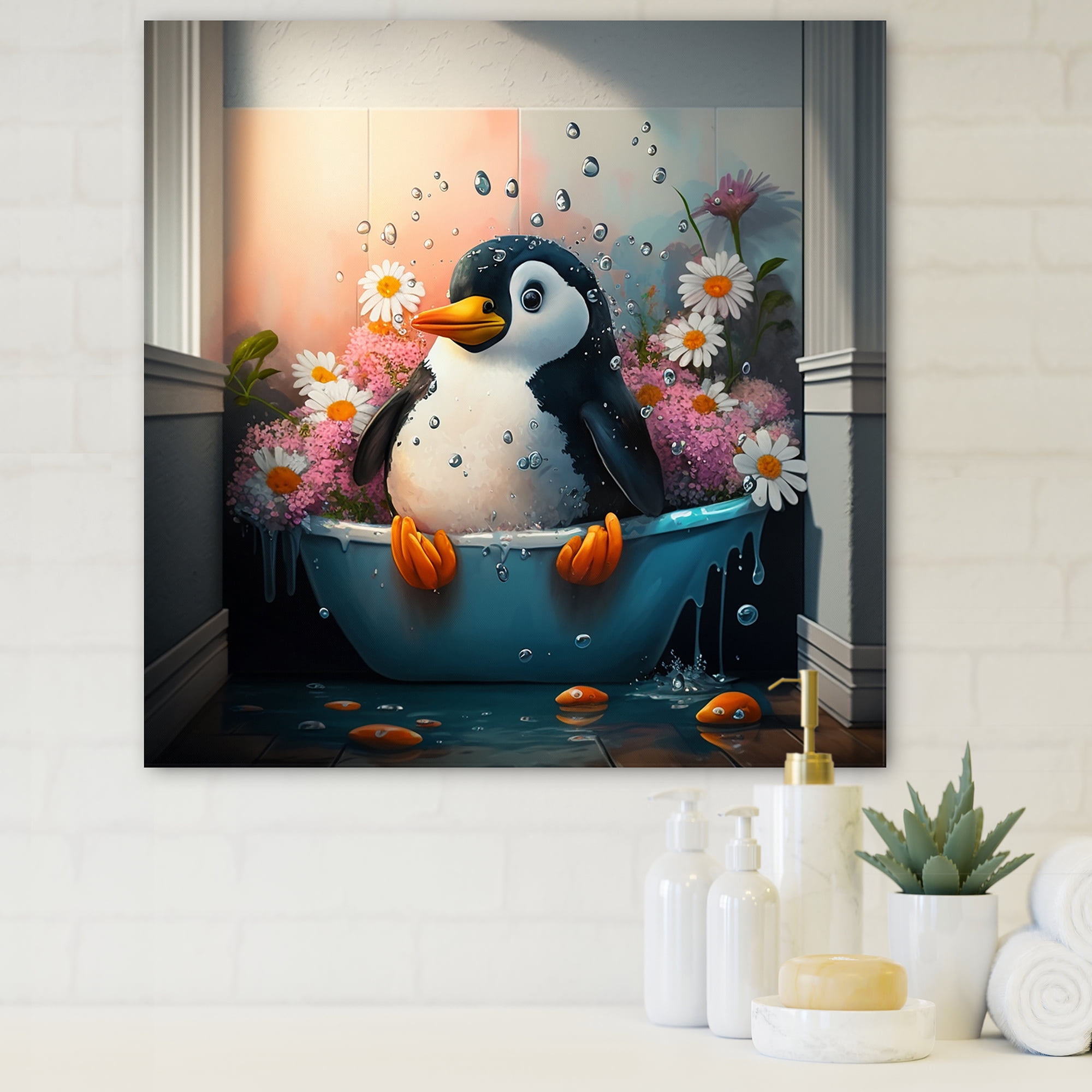 Designart Silly Penguin Bathing With Blooming Flowers III Canvas Wall Art