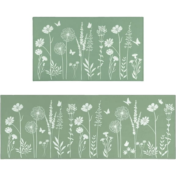 humcustom Sage Green Kitchen Mat Rug Set of 2- Plant Floral Butterfly Kitchen Rugs with Runner Kitchen Decor Accessories Things- Leaves Rugs for Home Kitchen Large- 17x24 and 17x48 Inch