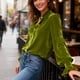 thumbnail image 5 of Ounisa Women's Velvet Tops Dressy Casual Long Sleeve Smocked Work Blouses Trendy Blusas Elegantes Button Down Shirts, 5 of 7