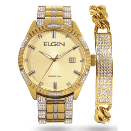 Elgin Adult Male Analog Metal Bracelet Wristwatch Set in Gold with 4 Diamonds FG9031ST Walmart
