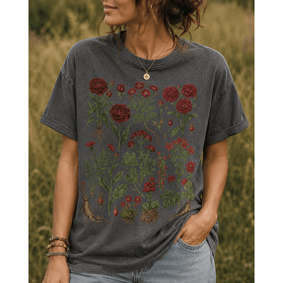 Vintage Rose Wildflower T-Shirt, Botanical Floral Graphic Tee, Cottagecore Garden Flower Nature Lover Shirt