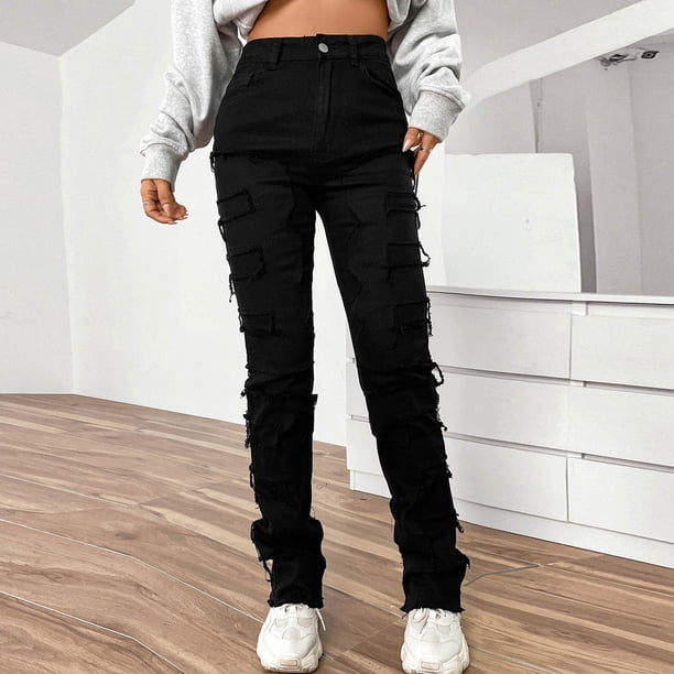 WILLBEST Jeans Mujer Pantalones Vaqueros de Mezclilla para Mujer, Con Bordados, Pierna Recta, Elásticos, Cómodos, Diseño de Parche, Corte Apilado, Pantalones Casuales de Moda Chica
