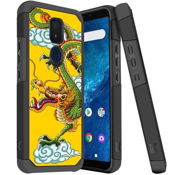 ANJ  Slim Dual Layer Hybrid Shockproof Case   Tempered Glass Cover for Cricket Icon 3, Splendor, AT&T Motivate 2 - Chinese Dragon Yellow