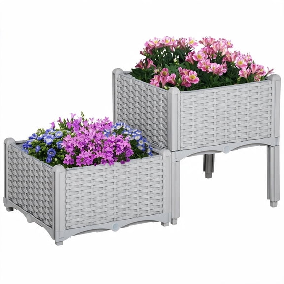 Outsunny Raised Garden Bed with Legs, Self-Watering Planter Box, Polypropylene Rattan, Gray, Modular Set for Patio & Balcony