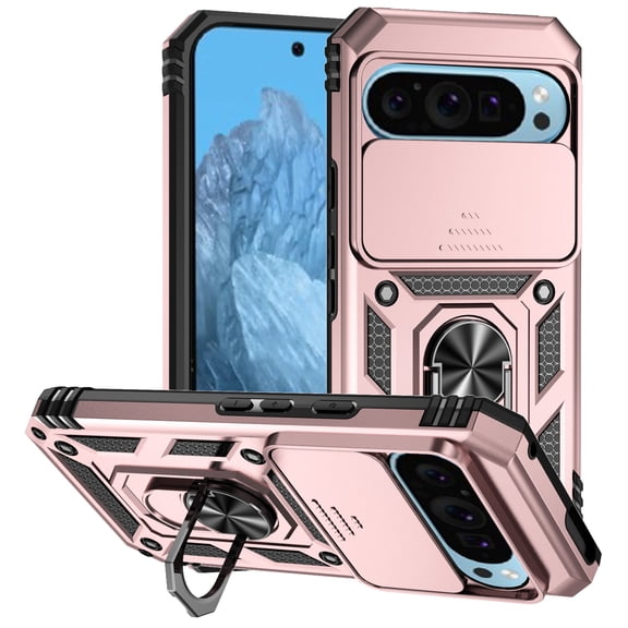 Case for Google 9 with Camera Lens Sliding Cover, Heavy Duty Rugged Ring Holder Stand Case, Military Grade Drop Resistant Protection Magnetic Car Mount Shockproof Case for Google 9, Rosegold