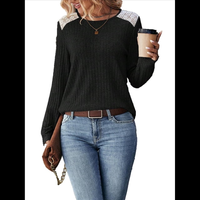 Camisa Informal de Cuello Redondo para Mujer, Blusa de Encaje con Retazos, Suéteres Tipo Jersey, Túnica de Larga de Color Liso. Negro XL