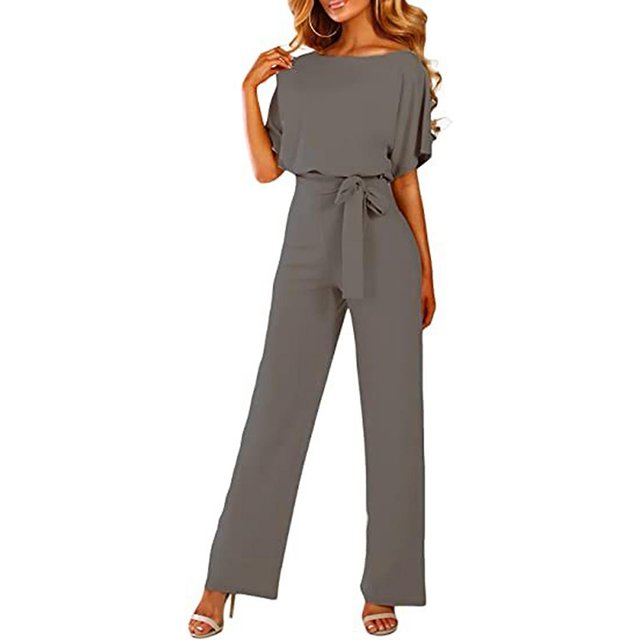 Pantalon à Jambes Larges Femme Été Manches Courtes Combinaison Col Rond Taille Haute Combinaison à Jambes Larges avec Ceinture Femme
