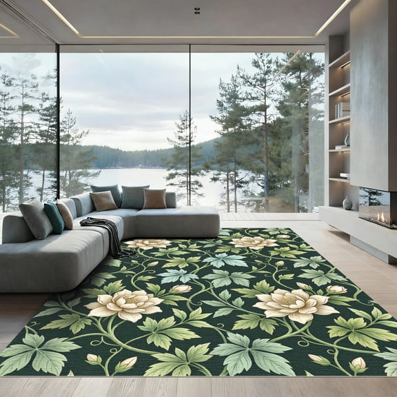 ODIKA 8' x 10' Machine Washable Non-Slip Area Rug, art nouveau floral High Traffic Rug, Green, 1296750