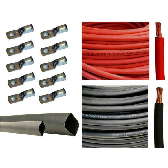 WindyNation WNI 8 AWG 8 Gauge 15 Feet Black + 15 Feet Red Battery Welding Pure Copper Ultra Flexible Cable + 5pcs of 5/16" & 5pcs 3/8" Copper Cable Lug Terminal Connectors + 3 Feet Heat Shrink Tubing