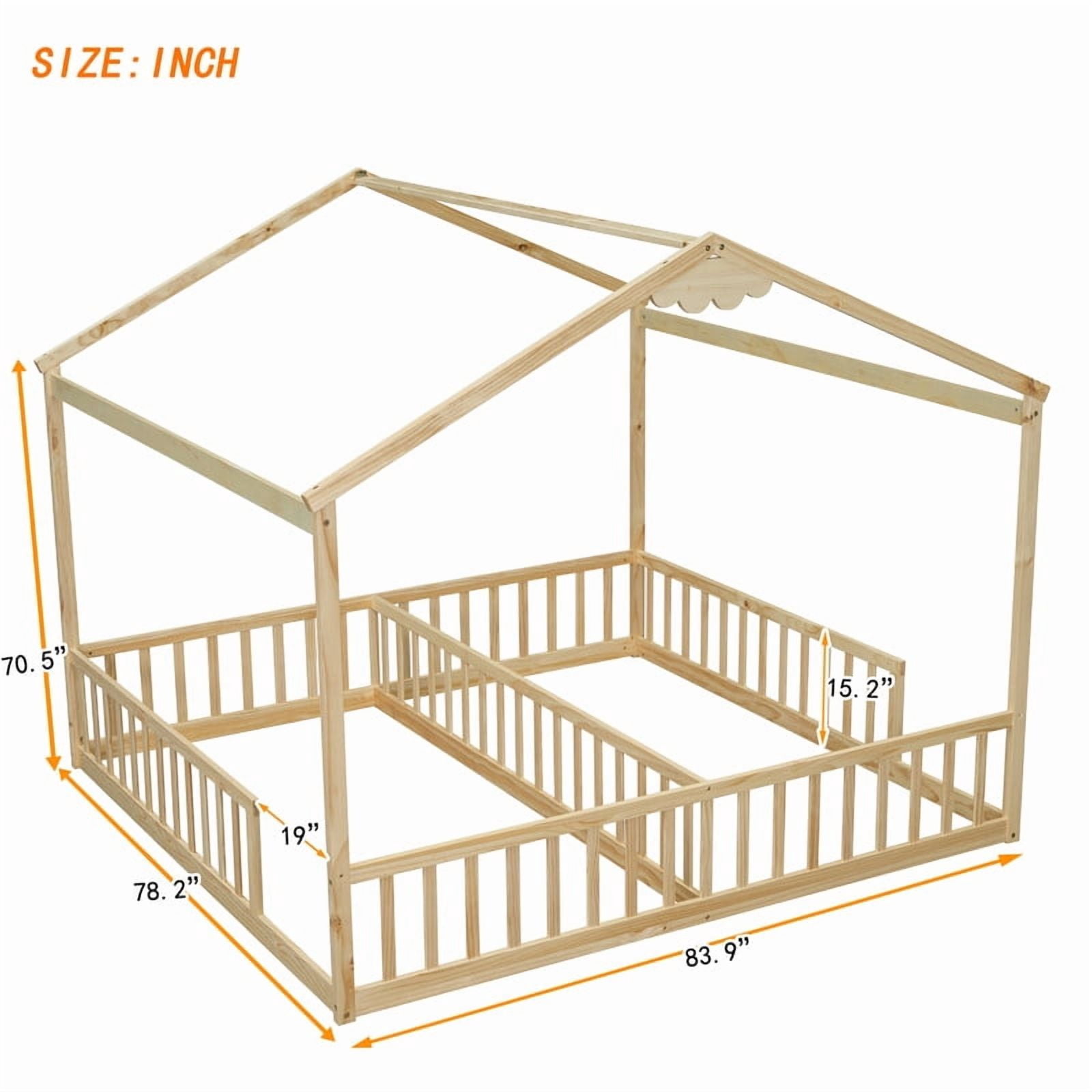 Mirightone Double Twin Bed Frames for , Twin House Bed for 2，Wood Montessori Floor Beds Frame with Fence Railings,（Natural）