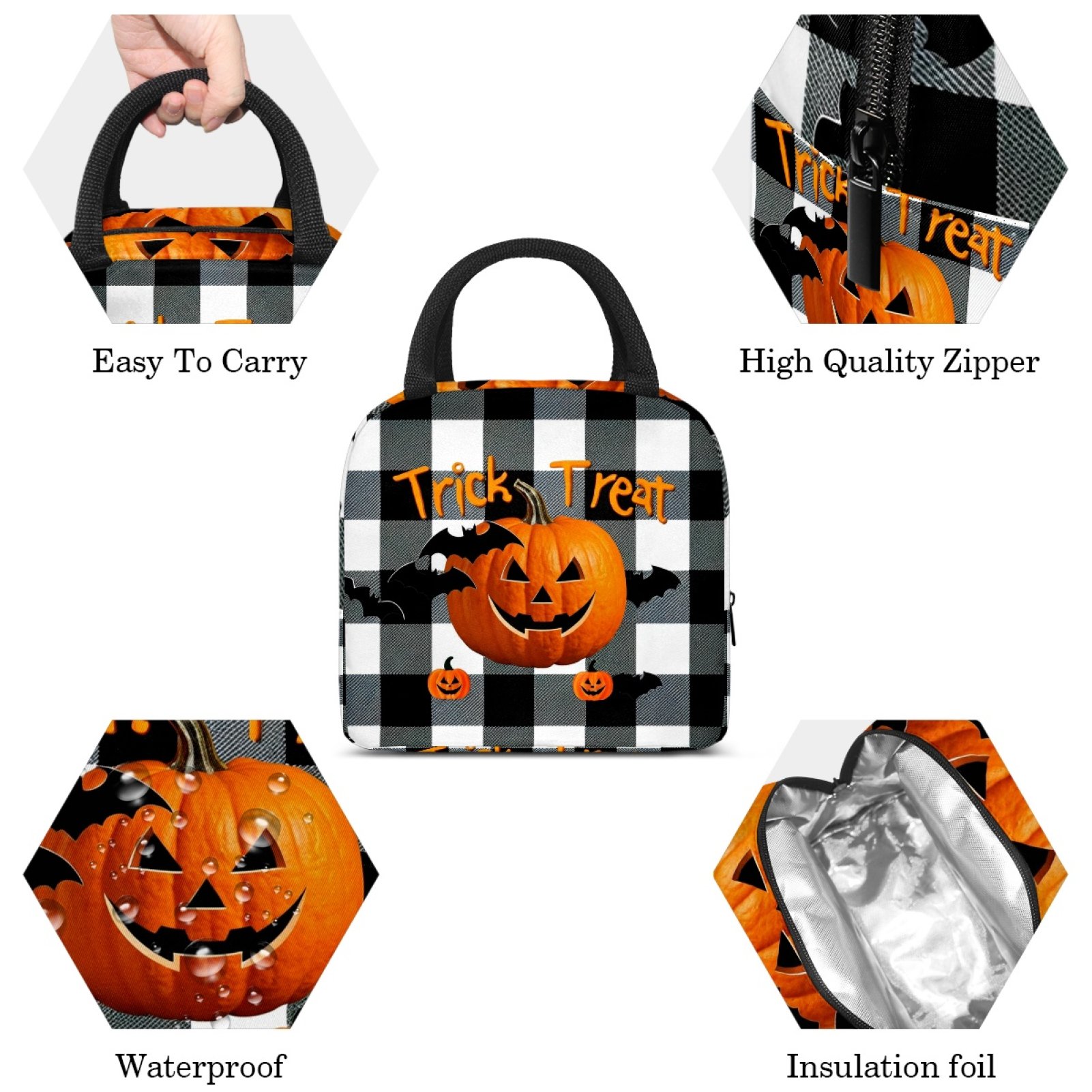 ERJLKXP Black and White Checkered Pumpkin Halloween Insulated Lunch Bags for Women and Men,Adult Reusable Lunch Tote Bag for Work,cooler bag