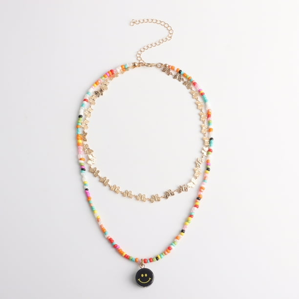 Collar bohemio con cara sonriente en capas, collar de cadena con cuentas de colores dorados, gargantilla de mariposa, collares con colgante de playa de verano, cadena ajustable para el cuello, acceso TUNC Sencillez