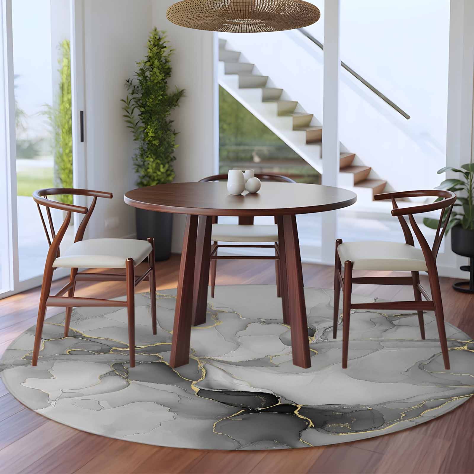 Grey Ombre Marble Round Rugs 7ft, Gray Marble Crack Abstract Modern Non Slip Washable Rug Runner, Low Pile Indoor Floor Carpet Mat Bathroom Rugs for Living Room, Bedroom, Kids Room
