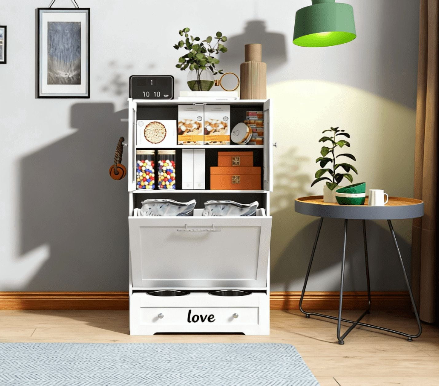 Pet Feeder Station Storage Cabinet with Dog Raised Bowls, White