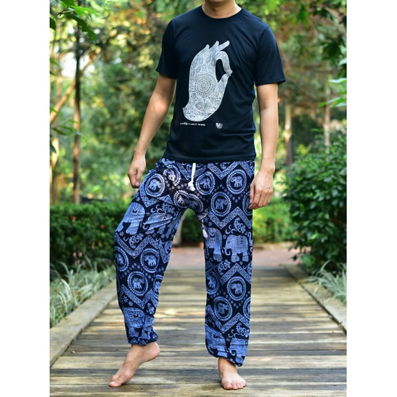 Bohotusk Mens Blue Elephant Tusker Harem Pants Cord Tie Waist M/L to 2XL