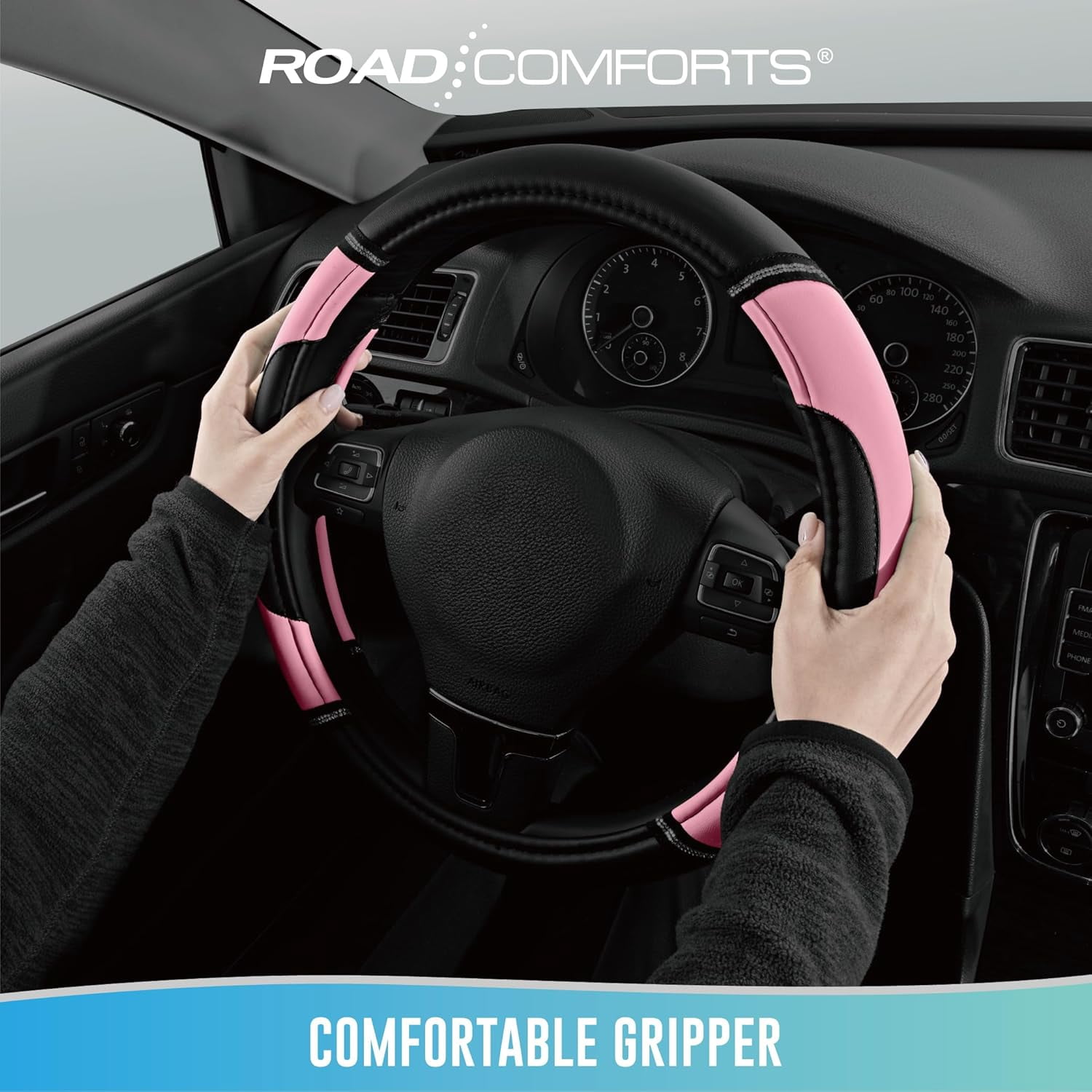 Leather Steering Wheel Cover - Made with PVC Leather - Anti-Slip, Universal Fit 14 1/2 inches to 15 inches - Pink