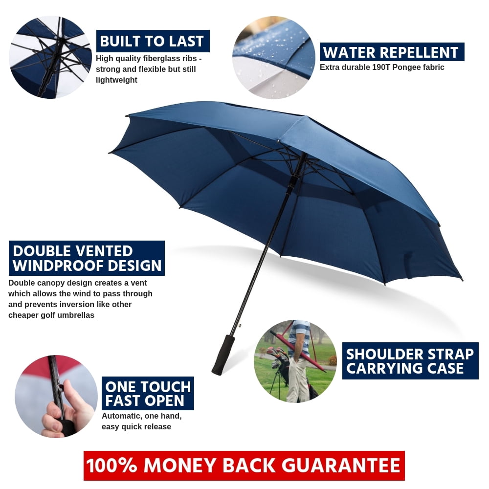 Third Floor Umbrellas Extra Large 62 Inch Blue Golf Umbrella - Windproof Waterproof Double Canopy