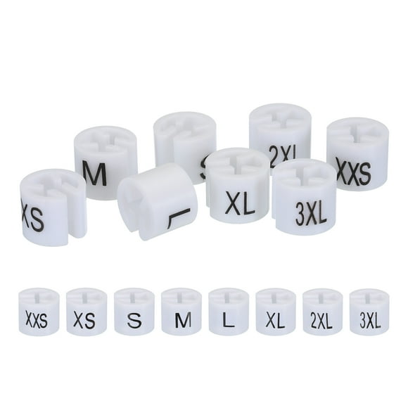 Marcador de tamaño de percha para ropa XXS/XS/S/M/L/XL/2XL/3XL, blanco, adecuado para varilla de 3.5mm para prendas de vestir, 80 piezas