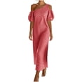 thumbnail image 2 of QUNYINEY Puff Short Sleeve Womens Dresses Summer One Shoulder Long Striped A Line Dress Vacation Casual Loose Fit Dresses, 2 of 5