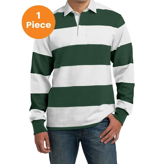 Sport-Tek ST301 Classic Long Sleeve Rugby Polo, Forest Green/ White, M, Mens Polo Shirts