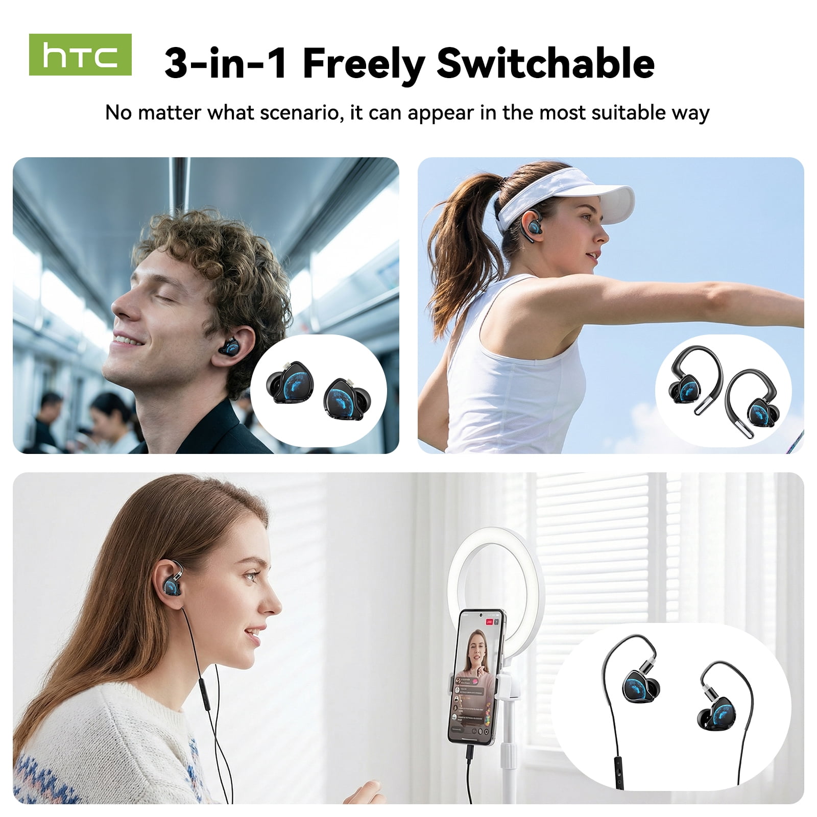 HTC Earbuds 3 in 1 Detachable Earbuds In-Ear/Over-Ear/Wired Headphones with ANC Noise Canceling Bluetooth Multipoint Connection