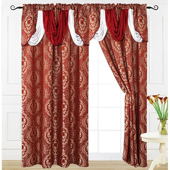 Luxury Jacquard Curtain Panel with Attached Waterfall Valance, 54 by 84-Inch LANA Burgundy (2-Panels)