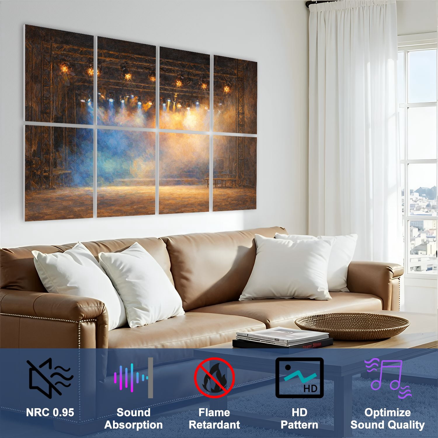 Rustic Farmhouse 8 Pack Art Acoustic Panels Sound Absorbing Theater light stage Decorative Soundproof Wall Panels Self Adhesive for Nursery Game Room Bedroom 48"x32"