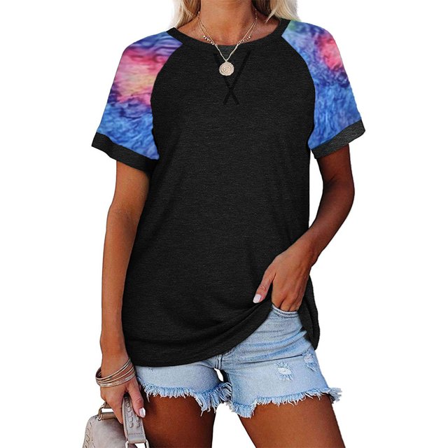 CHGBMOK Hauts Grande Taille pour Femmes Hauts Sexy Col Rond Imprimé Patchwork Manches Courtes T-Shirt Blouse Été Plage en Solde