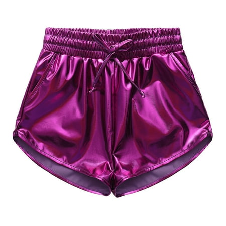 Girls Shiny Shorts Kids Sparkly Shiny Hot Pants Elastic Waisted Casual Party Dance Costume with Pockets Cotton Boy Shorts Underwear for Women Purple 4Y