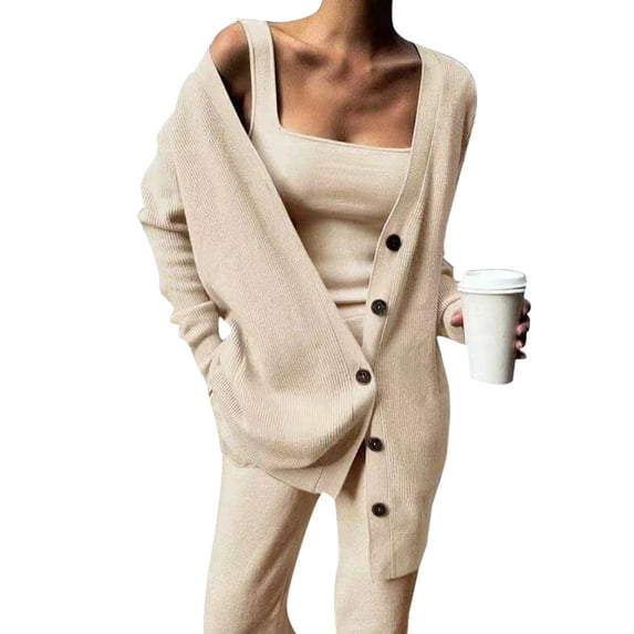 Grianlook Ladies Single-breasted Elastic Waist Jogger Set Crew Neck Tank Long Sleeve Sweatsuits Jogging Plain Lounge Sets Khaki 3XL