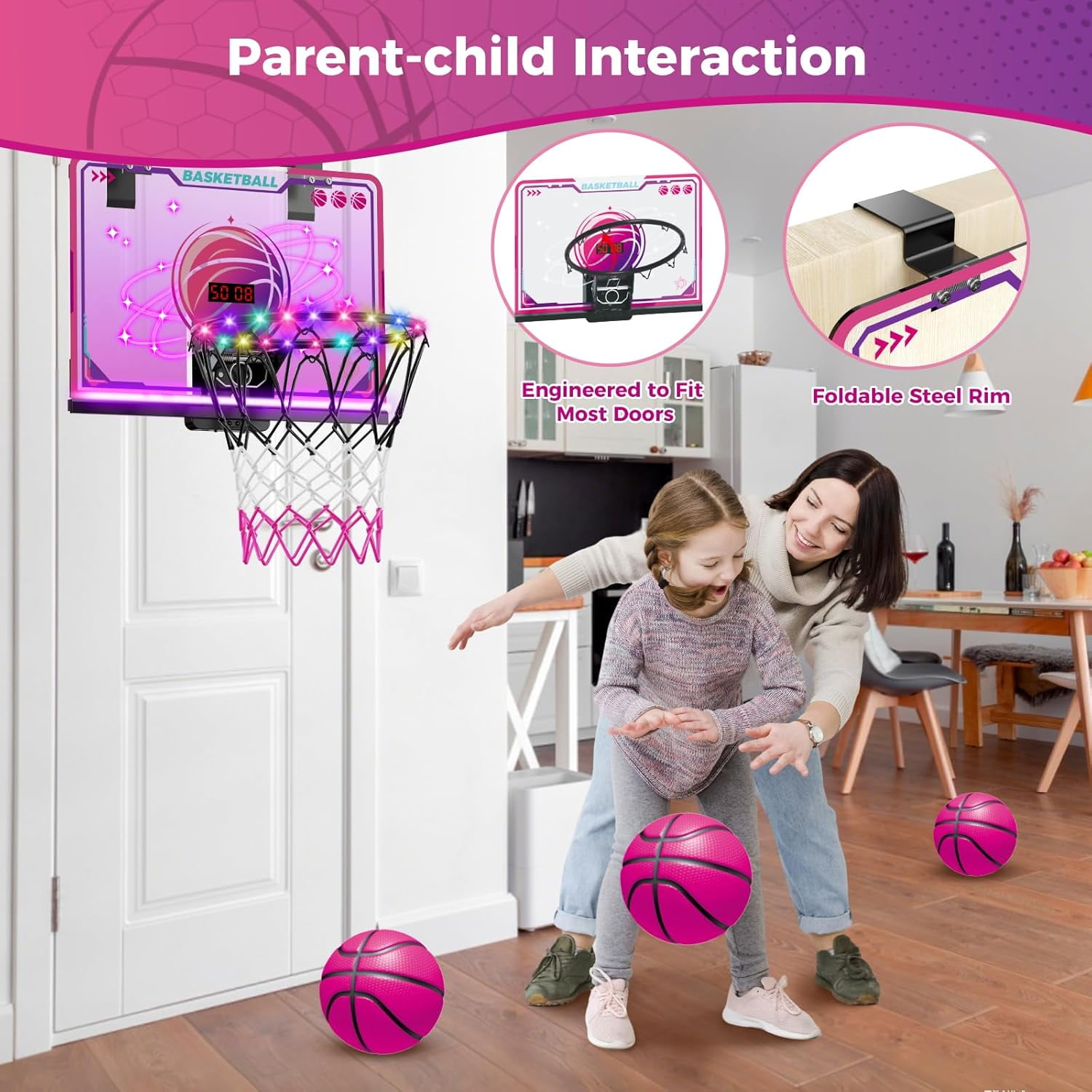 TERRAMUS LED Basketball Hoop,Indoor Basketball Set with 7 Color Lights, Glowing Rim, Scoreboard, Remote Controller, and Sports Toy for Girls Boys Ages 5-12+