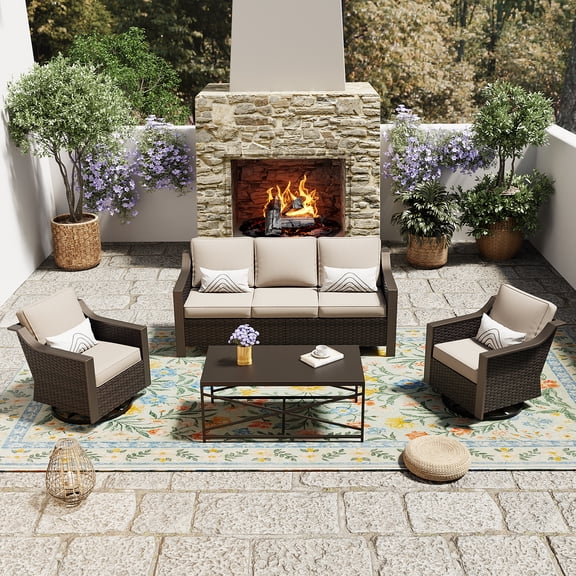 Outdoor Conversation set, 4PC, Three-seat Sofa, Two Swivel Chairs and One Table, PE Woven Wicker, Beige