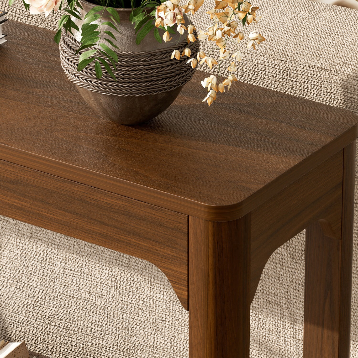 Hommoo 55.1-inch Curved-Leg Console Table, Slim Modern Entryway & Sofa Back Table with Open Shelf, Space-Saving Hallway Storage Table for Living Room, Entry, or Office, Walnut