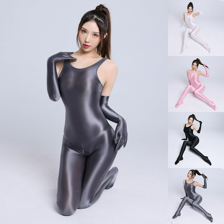 Womens Silky Bodystocking Shiny Glossy Zip Crotch Bodysuit Leotard Jumpsuit  