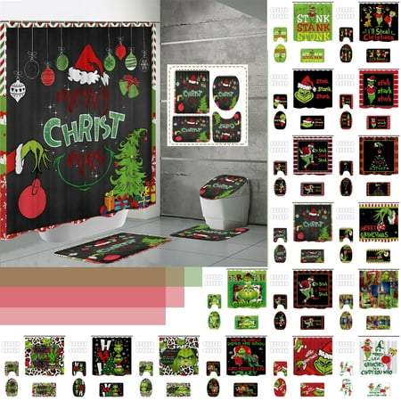 The Grinch Christmas Decorations- Grinch Shower Curtain Set, 4PC How The Grinch Stole Christmas Shower Curtain and Mat Set, Washable Durable Bathroom Decorations, A Best Christmas Gift