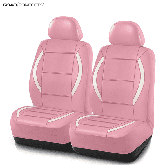 Road Comforts Car Seat Covers for Women, Two-Tone Leather Front Seat Covers with Contrast Accent Panels, Universal Fit, Airbag Compatible for Cars SUVs Trucks, Pink&White