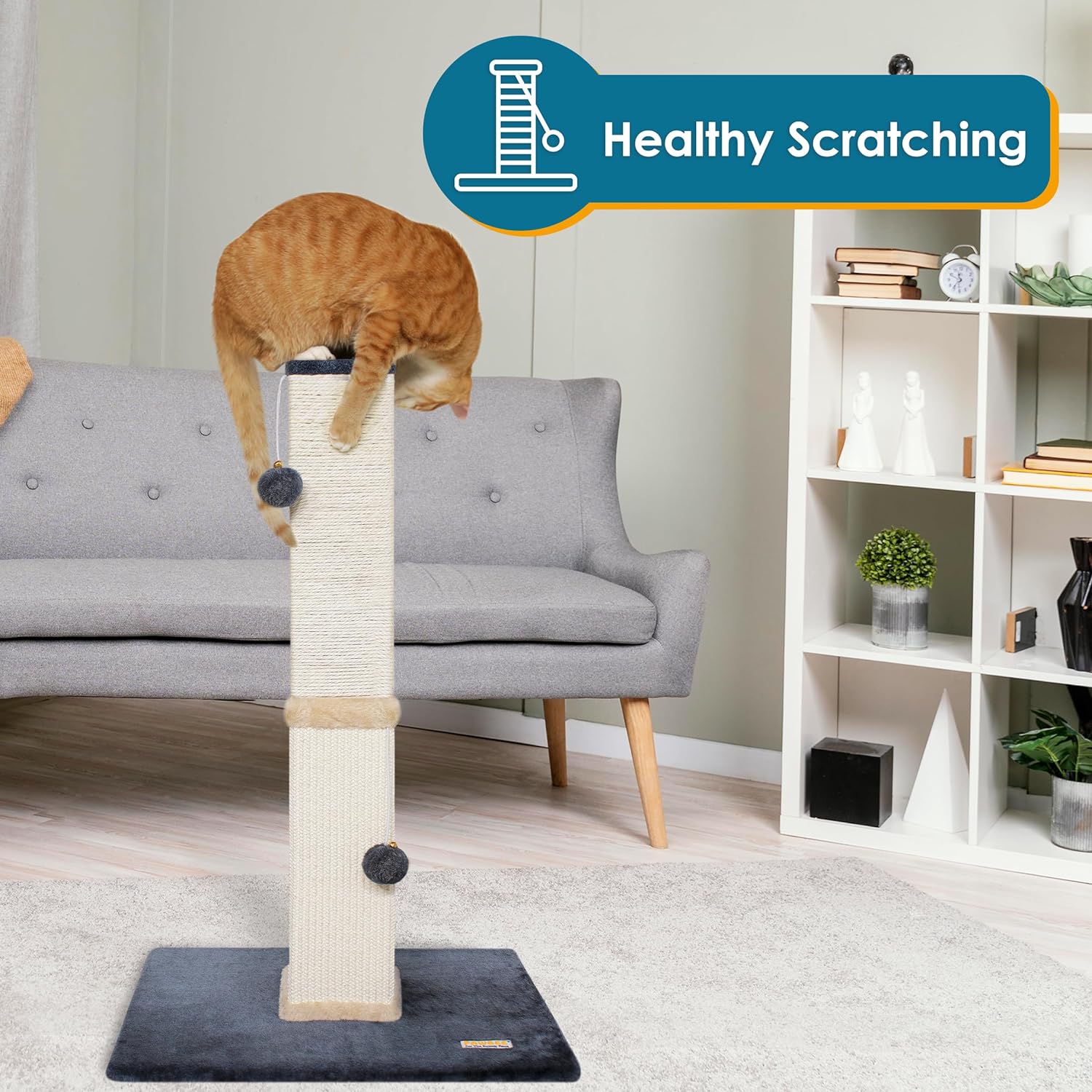 PAWBEE Cat Scratch Post Tower, 32” Tall, Sisal Scratcher with Jingle Bells & Plush Balls, Larger Base for Stability