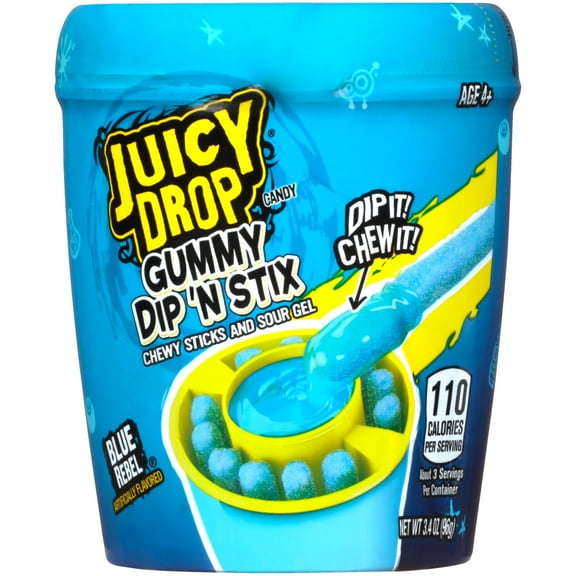 Juicy Drop Gummies Dip N Stix, Gluten-Free, Gummy Candy, Assorted Flavors, 3.4 oz, 1 Canister (Pack of 2)